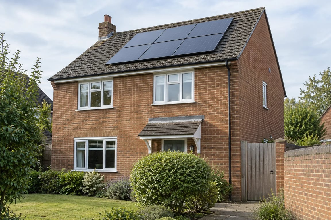 Rooftop solar panels on a brick house with a timber side gate and boundary wall.