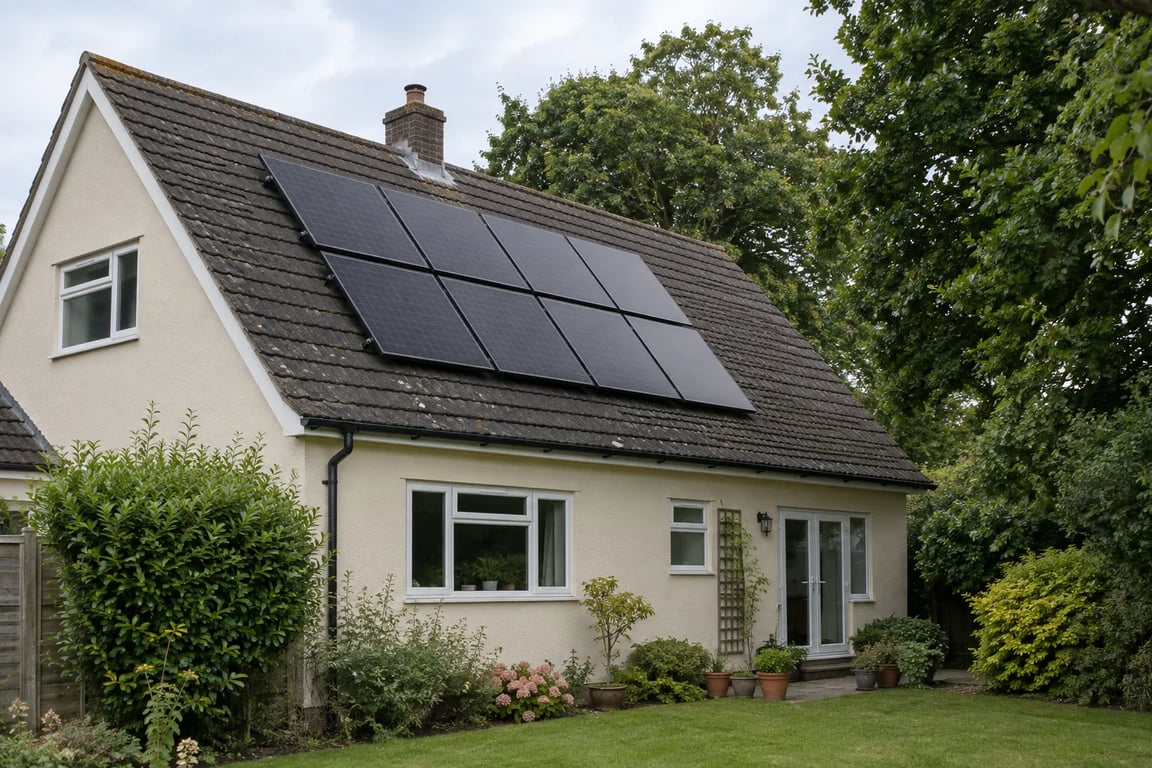 Solar panels on a cream house with mature trees around the garden.
