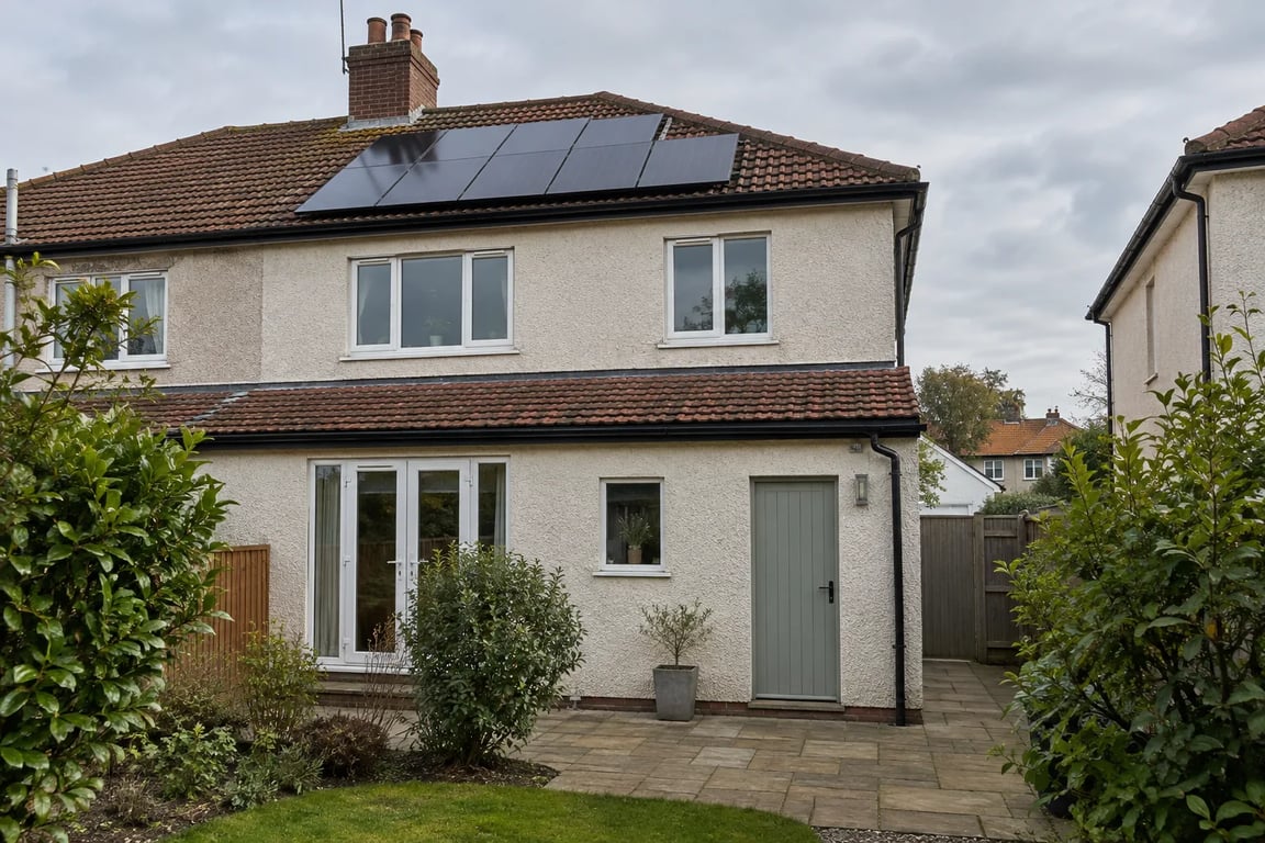 Solar panels above the rear wall and garden of a pebble-dashed house.