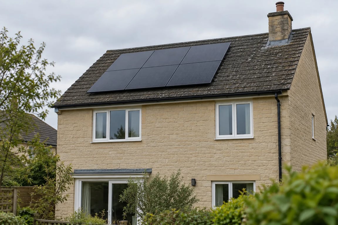 Six solar panels on the dark roof of a pale stone-fronted house.