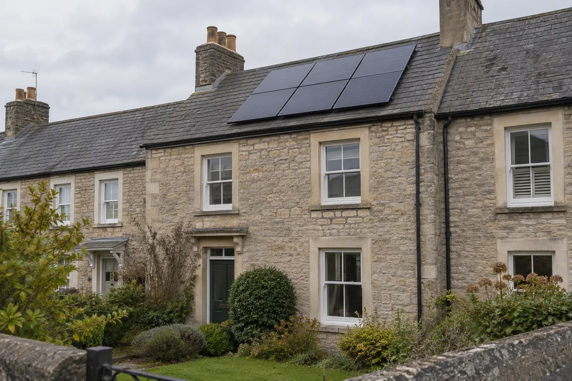 Solar panels on a stone terraced home beside neighbouring roofs.