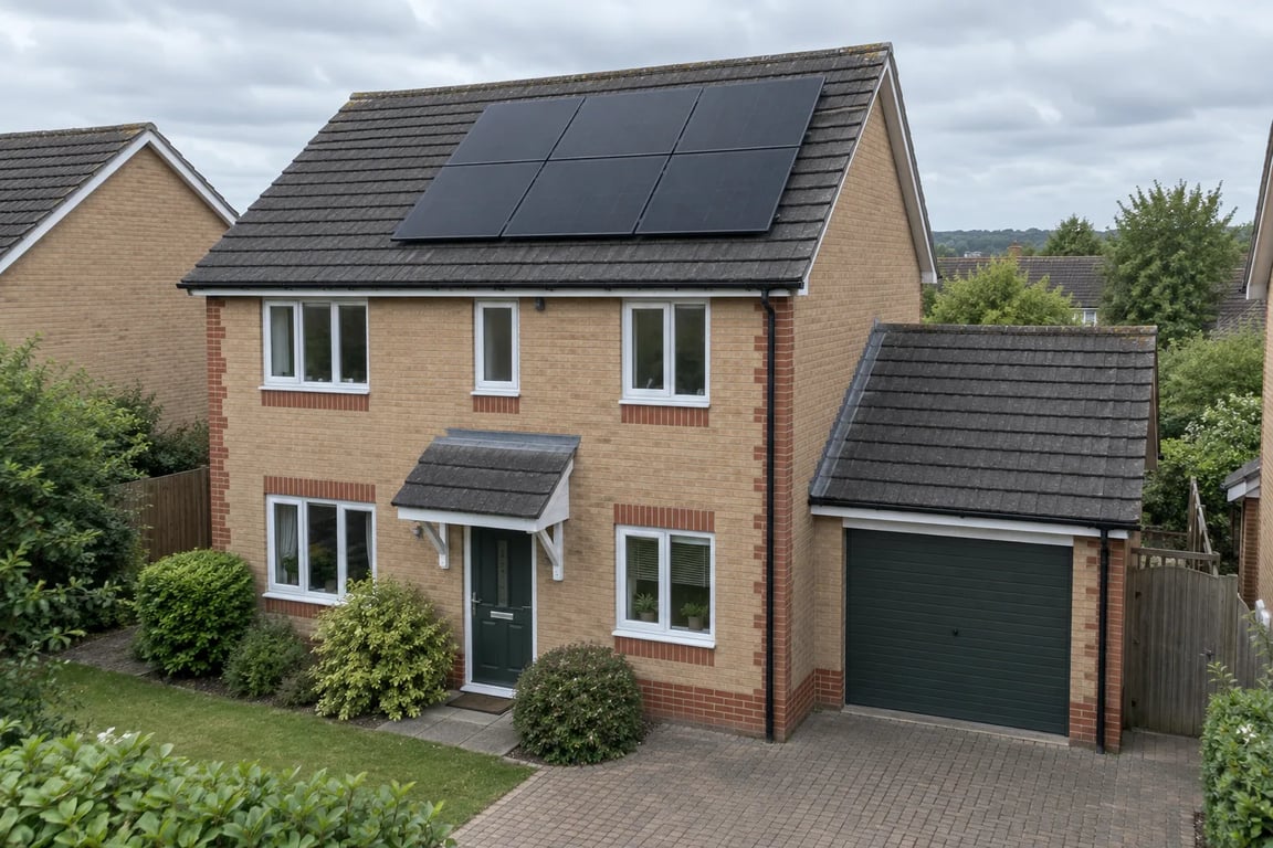 Six solar panels on a brick house with an attached garage and separate garage roof.