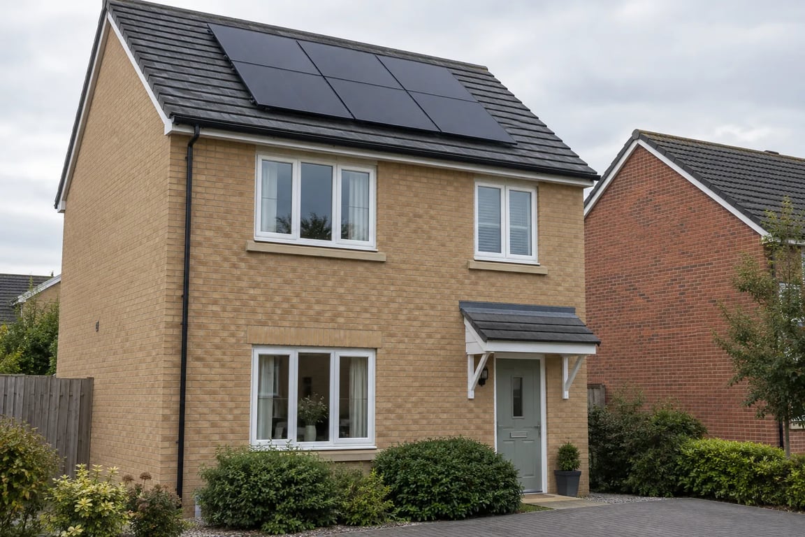 Six solar panels on a buff-brick house beside a red-brick neighbouring home.