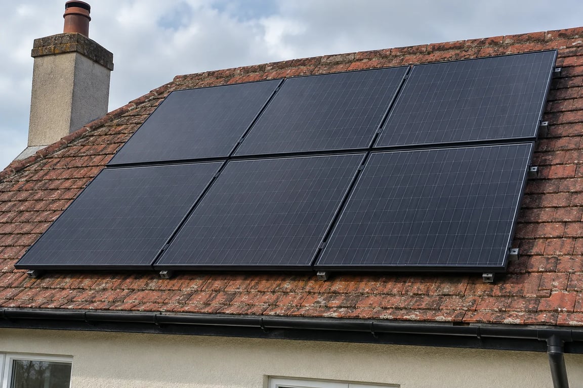Six conventional solar panels mounted above reddish roof tiles.