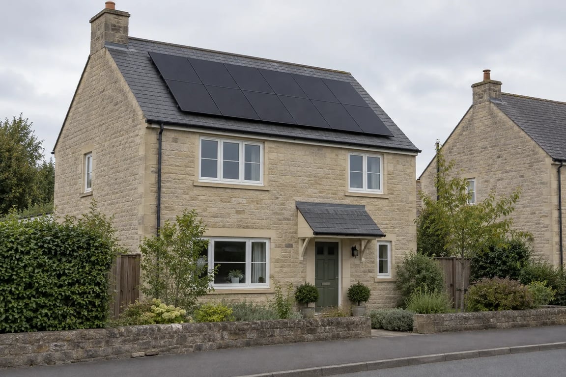Example of solar panels on a stone house roof, with a neighbouring roof visible alongside.