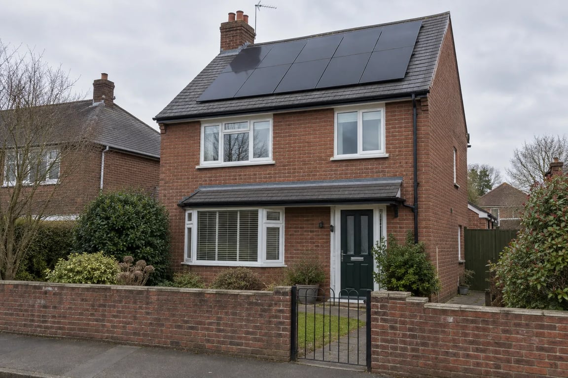 Example of solar panels on a brick house roof, with a front boundary wall and pedestrian gate.