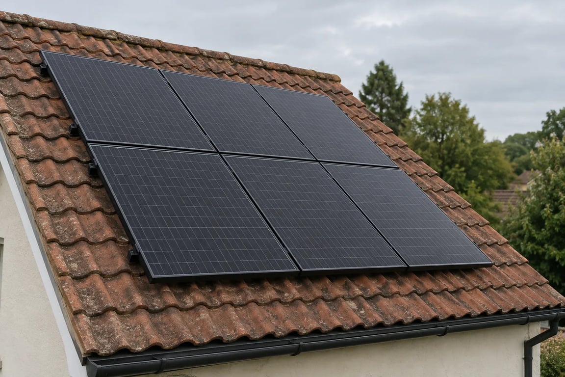 Six black solar panels on a weathered curved-tile roof, with the surrounding covering visible.