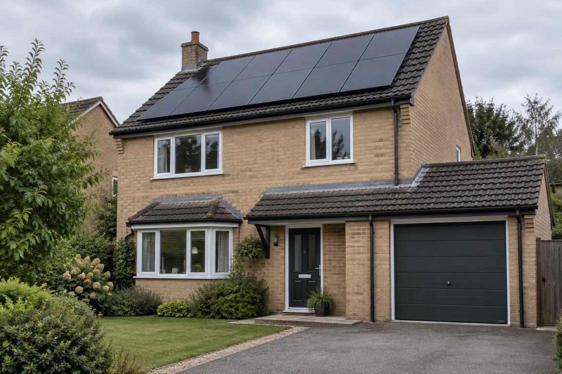 Rooftop solar panels on a buff-brick house with an attached garage.