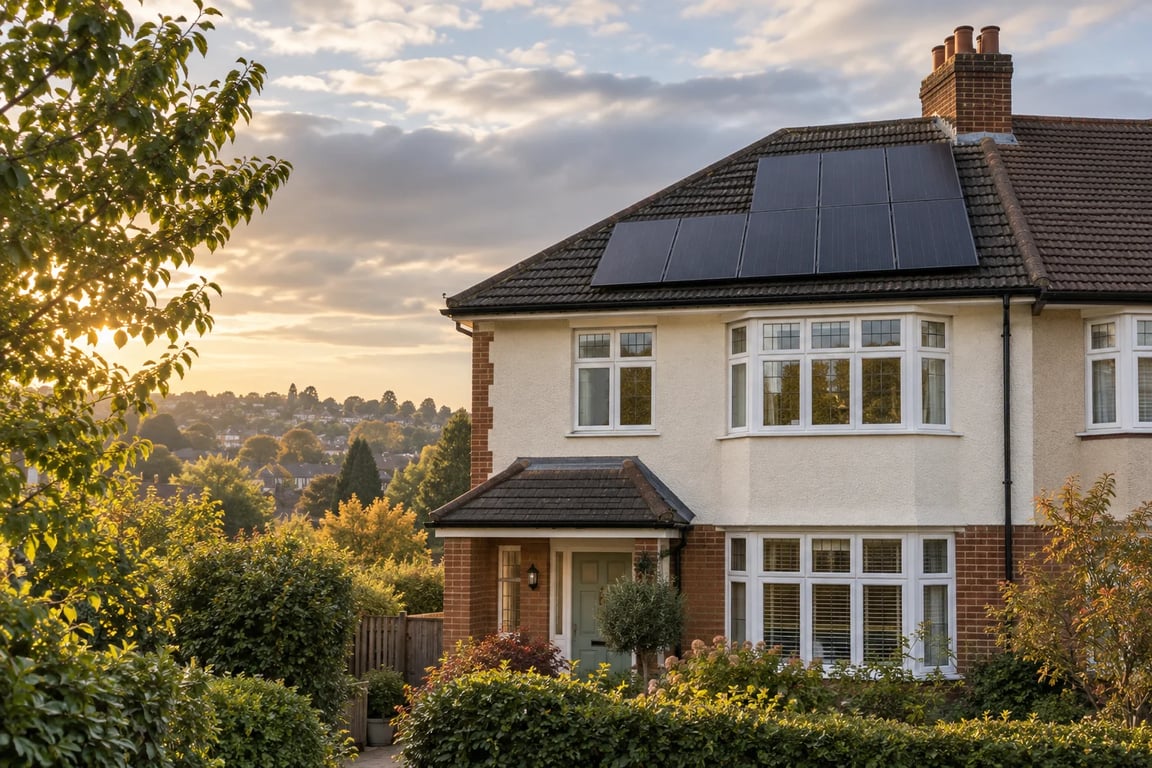 Illustration of solar panels on a red-brick and cream-rendered English home