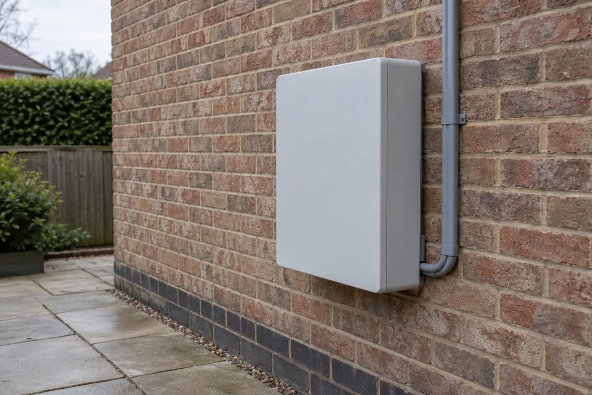 Example of an enclosed home battery on a brick wall beside a paved side passage.