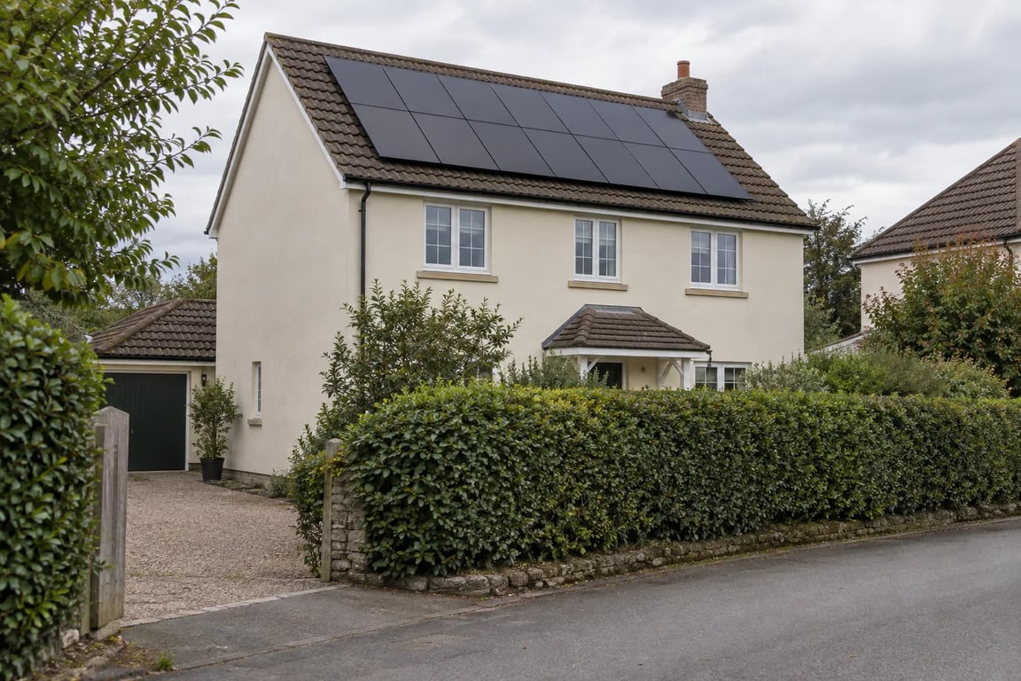 Example of solar panels on a rendered house behind a hedge, with an existing driveway entrance.
