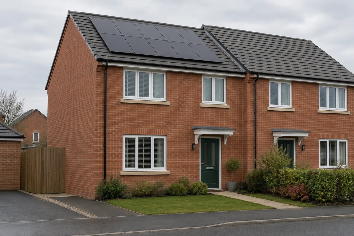 Example of solar panels on one roof of a red-brick semi-detached pair.
