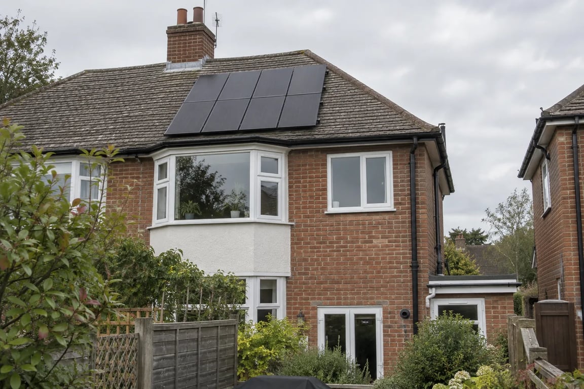 Solar panels above a white bay and brick rear wall overlooking a garden.