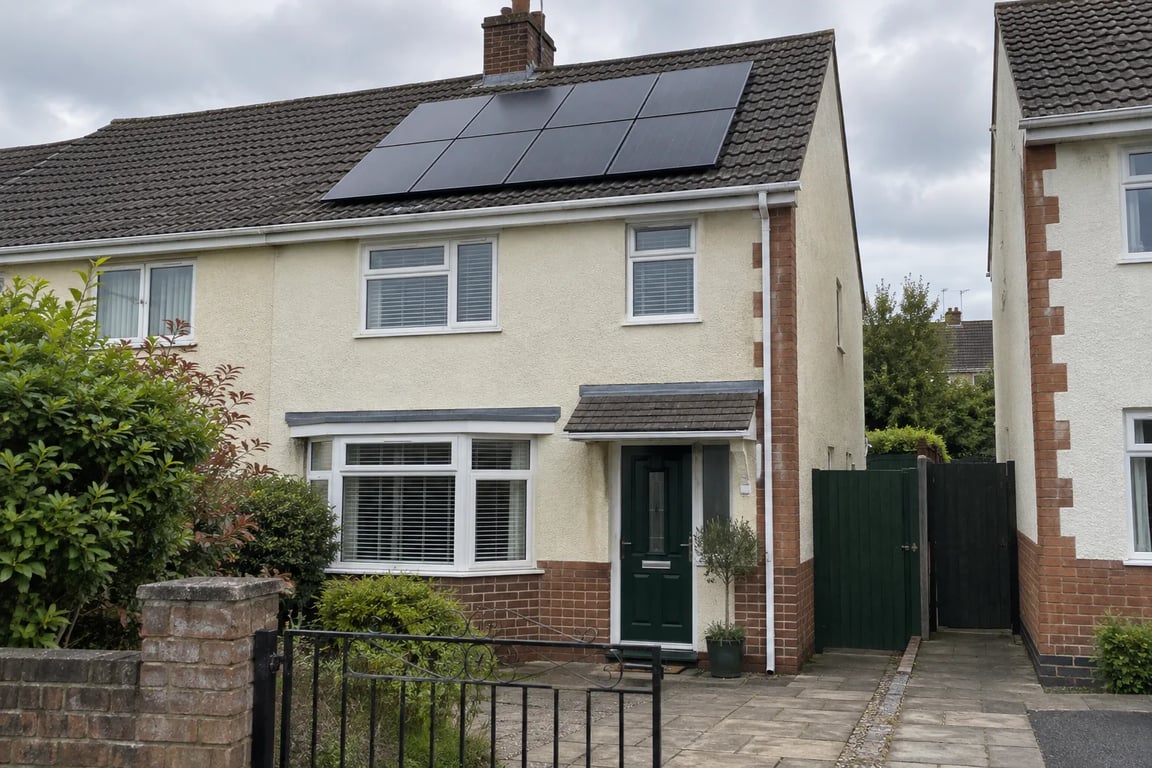 Solar panels on a cream house above a paved approach and front gate.