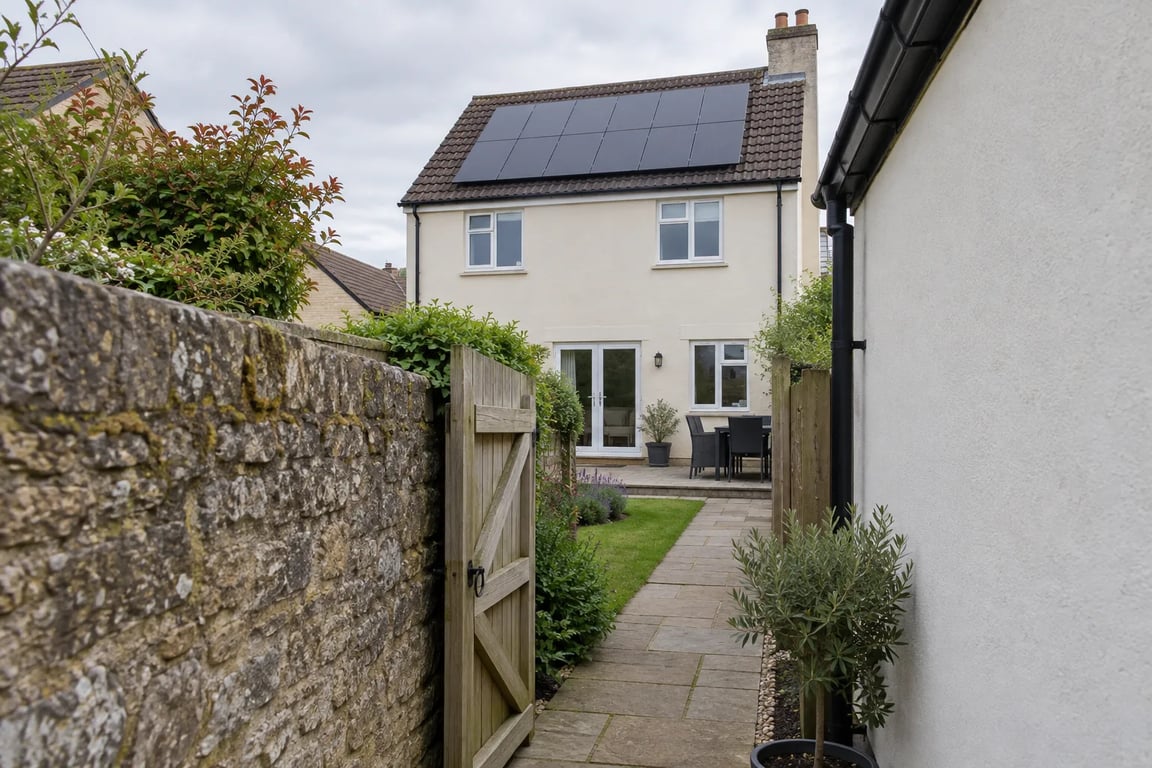 Example of roof solar panels viewed through a garden gate, with a stone wall beside the access path.