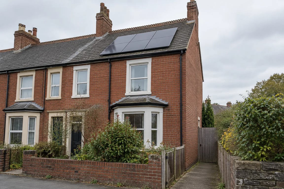 Solar panels on a brick end-terrace house, with a gated side passage visible.