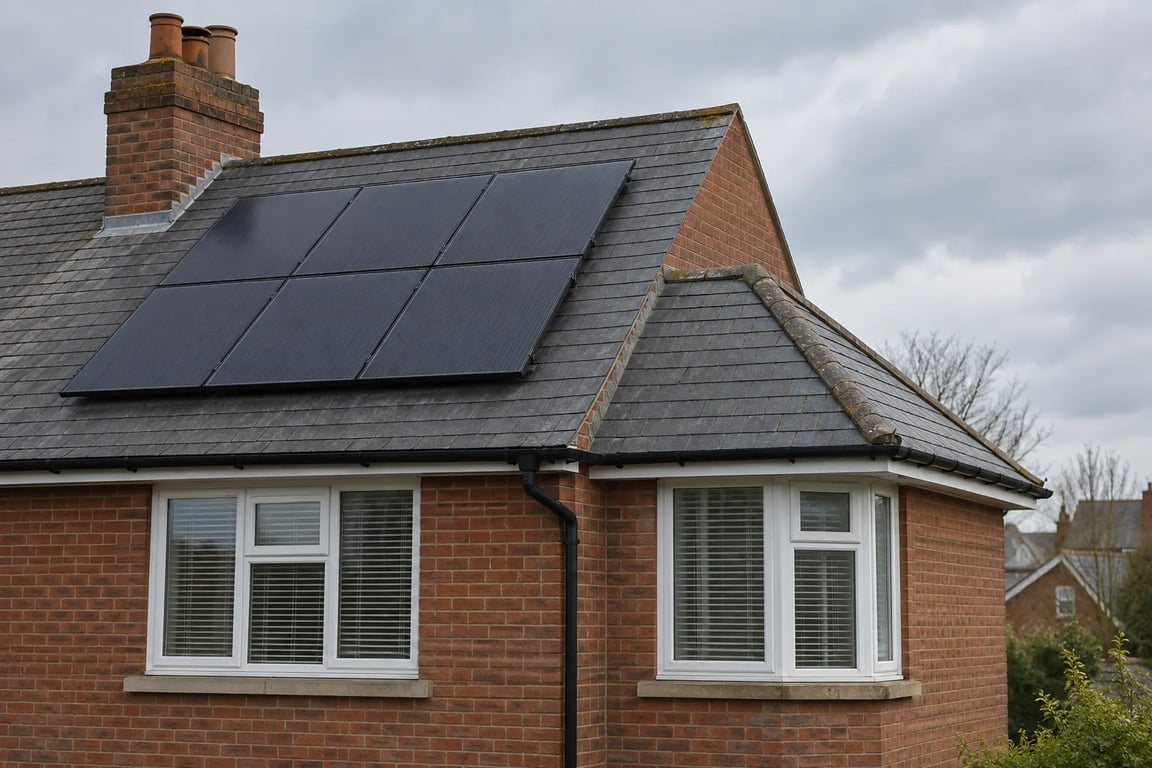 Solar panels on a main pitched roof beside a smaller hipped roof and a brick chimney.