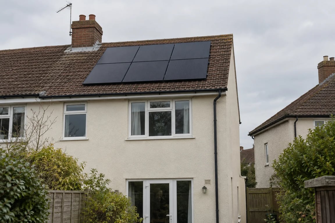 Example of six black solar panels on a tiled roof, with a neighbouring house alongside.